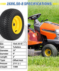 Beefy Tubeless 16X6.50-8 Lawn Mower Tires With Wheels Front Wheel Set for Riding Mowers and Garden Tractors shown next to lawn mower.
