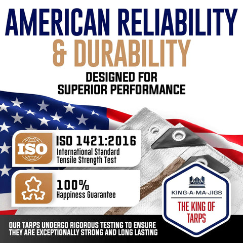American flag with Heavy Duty Tarp 16x16 Feet, 10 Mil Thick, Waterproof And Tear Resistant, Fade Proof UV Treated Cover shown.