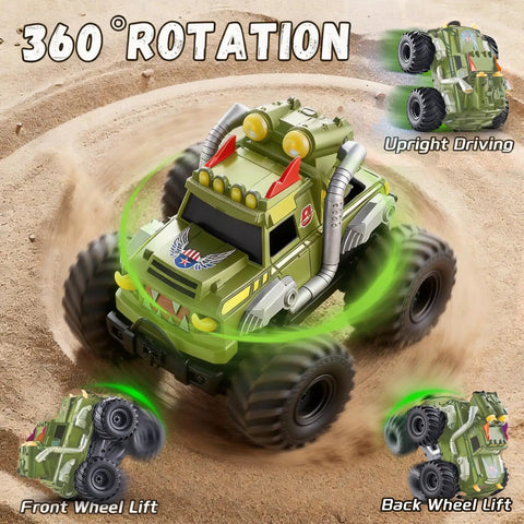 3 In 1 Amphibious RC Car Boat Water Gun with 2.4GHz Remote in sandy terrain showcasing 360° stunts, upright and wheel lift modes