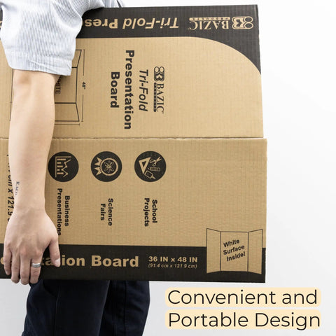 Person holding 36 Inch By 48 Inch White Tri Fold Corrugated Presentation Board Case Of 24 For School Projects And Classroom Displays
