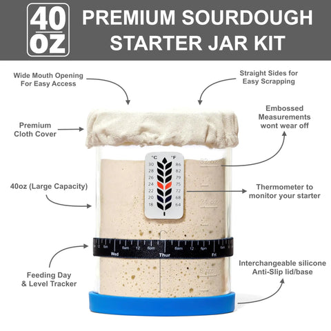 40oz Wide Mouth Sourdough Starter Jar Kit with marked feeding band, cloth cover, scraper, silicone lid base, durable glass, blue finish