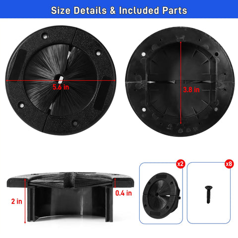 Beat The Wire Chaos With 2 Pack Round Brush Grommets 4 Inch Split Plate, size details shown with measurements.