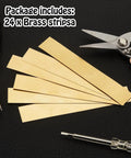 Front view of Amylove brass shim stock set: 24 pieces, 6 in long, thicknesses 0.002–0.016 in, fanned beside scissors.