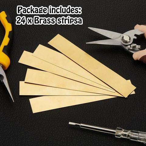 Front view of Amylove brass shim stock set: 24 pieces, 6 in long, thicknesses 0.002–0.016 in, fanned beside scissors.
