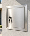 Built Tough Stainless Steel Drywall Access Door 28 By 28 Inch Wall Cutout with keyhole on a textured wall.