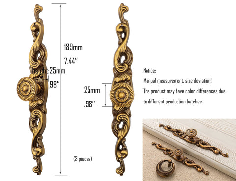 Vintage Style Cabinet Knobs and Pulls 3 Piece Set Zinc Alloy Yellow Bronze Back Plate Pull Handles for Wardrobe Doors and Drawers