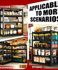 72 Inch Heavy Duty Garage Shelving Unit With Five Adjustable Tiers And 400 Lb Per Shelf Capacity, Built Tough Industrial Steel Storage Racks For Garage, Workshop, Basement, Warehouse, Or Kitchen, 16 Inch Deep By 35 Inch Wide By 72 Inch High, Black in kitchen and basement scenes