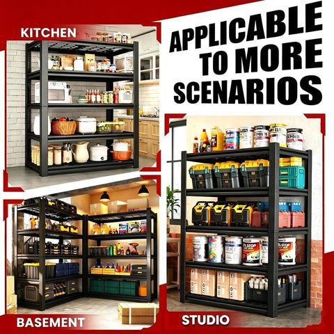 72 Inch Heavy Duty Garage Shelving Unit With Five Adjustable Tiers And 400 Lb Per Shelf Capacity, Built Tough Industrial Steel Storage Racks For Garage, Workshop, Basement, Warehouse, Or Kitchen, 16 Inch Deep By 35 Inch Wide By 72 Inch High, Black in kitchen and basement scenes