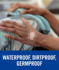 Hand with Waterproof Clear Bandages Assorted Sizes 100 Count With 360 Degree Seal Around The Pad while cleaning car
