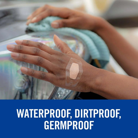 Hand with Waterproof Clear Bandages Assorted Sizes 100 Count With 360 Degree Seal Around The Pad while cleaning car