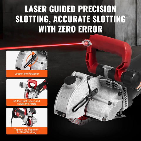 Powerful 4800W Wall Chaser with laser guide illustrating precision grooving, featuring controls and adjustments for concrete work.