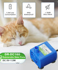 Low Power Submersible Cat Fountain Pump Replacement With Led Light 5V 1.5W DR-DC160; blue pump near sleeping cat