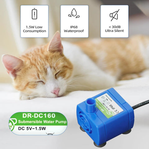 Low Power Submersible Cat Fountain Pump Replacement With Led Light 5V 1.5W DR-DC160; blue pump near sleeping cat