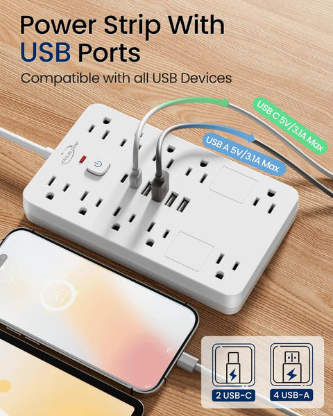 Surge Protector Power Strip With 10 Outlets And 6 USB Ports Including 2 USB-C, 6 Ft Heavy Duty Extension Cord, Wall Mount, 1850W 15A Overload Protection, ETL Listed For Home Or Dorm Room on wood desk with phones charging