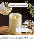 Cozy Ivory Flameless LED Pillar Candle with Moving Flame 3.5 By 5 Inch Real Wax Look Battery Operated Timer on Wooden Table
