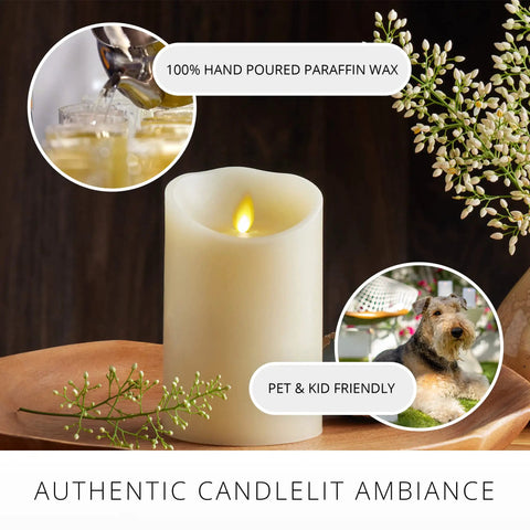 Cozy Ivory Flameless LED Pillar Candle with Moving Flame 3.5 By 5 Inch Real Wax Look Battery Operated Timer on Wooden Table