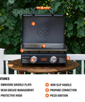 22-Inch Tabletop Griddle With Built-In Hood For Camping And Tailgating, dual heat zones, wind guards, on wooden patio table