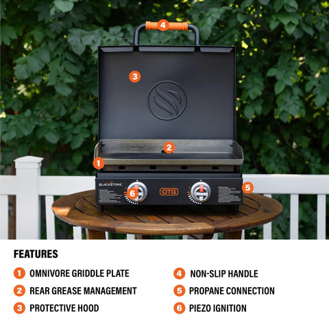 22-Inch Tabletop Griddle With Built-In Hood For Camping And Tailgating, dual heat zones, wind guards, on wooden patio table