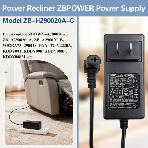 Replacement 29V 2A Wall Power Supply Adapter ZB-H290020A-C for recliner, black AC/DC adapter with two-pin plug