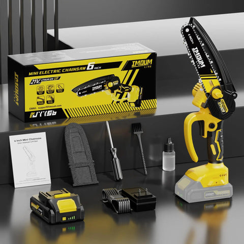6-Inch Cordless Mini Chainsaw 21V 2.0Ah Battery Powered Pruning Saw with accessories, packaging, and toolkit displayed.