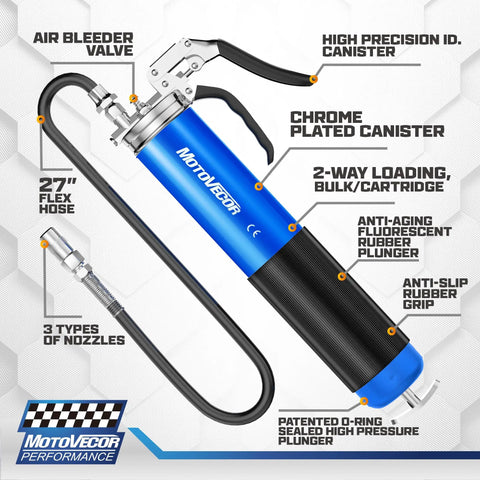 Pro Grade Pistol Grip Grease Gun With Extra Long 27 Inch Reinforced Flex Hose For Deep Reach And Tight Spaces Heavy Duty Lubrication Tool Built For Pros And Weekend Warriors