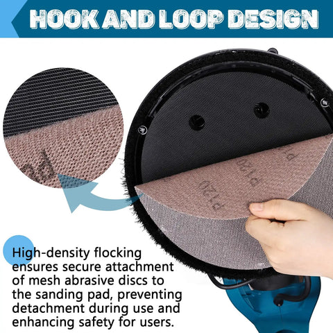 Close-up of 9 Inch Mesh Sanding Discs With Hook And Loop For Drywall Sander showing secure attachment design.