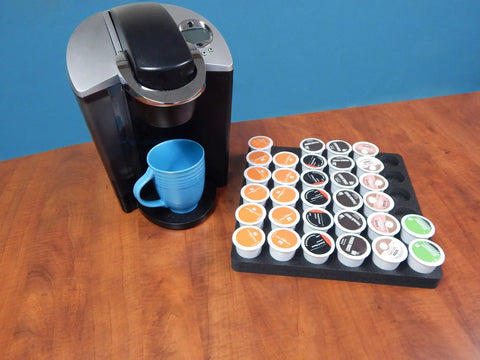 Ultra Slim Keurig K Cup Pod Organizer Tray For Kitchen And Office No Mess Waterproof And Washable Drawer Insert That Holds 36 Pods 12.5 By 12.5 Inches Made In USA next to coffee maker