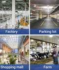 Factory, parking lot, shopping mall, and farm illuminated by Two Pack 200W UFO LED High Bay Light with 5000K color, 29000 Lumen, US Plug, IP66.