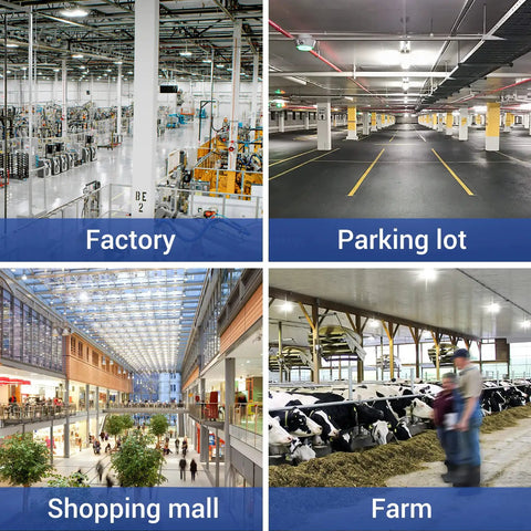 Factory, parking lot, shopping mall, and farm illuminated by Two Pack 200W UFO LED High Bay Light with 5000K color, 29000 Lumen, US Plug, IP66.