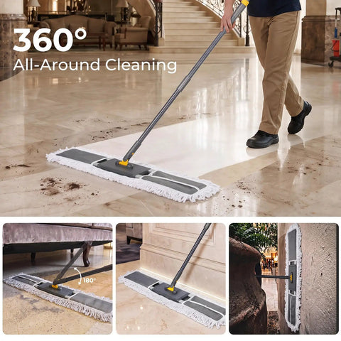 Heavy Duty 36 Inch Commercial Flat Mop With Extra Long Aluminum Pole For Garages And Shops Rock Solid 360 Swivel Head in action on floor.