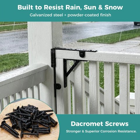 Self-Close Wooden Gate Hardware Kit With Heavy-Duty Bracket And Spring Hinge, Adjustable Tension For Quiet, No Slam Gates, DIY Gate System For Wood Fences And Arbors. White wooden gate with black hardware in rain, Dacromet screws shown.