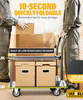 Two workers using an Upgraded Foldable Platform Cart Dolly with 700 lb capacity, showing foldable design and boxes on flatbed in warehouse.