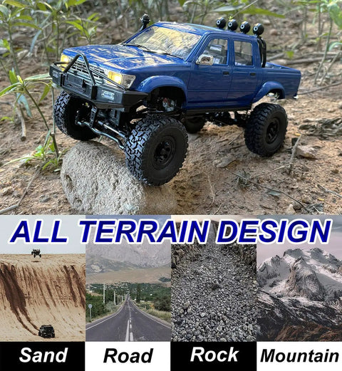 Beefed Up 1/16 Scale RC Rock Crawler With 4x4 Drive All Terrain Off Road Pickup on rocky terrain with realistic detail.