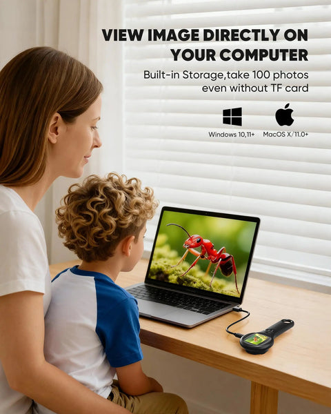 Pocket Digital Microscope for Kids Kid Friendly Handheld USB 500X Magnifier With 4X Zoom Portable Learning Toy for Exploring Coins Fibers Gems and More Ideal Christmas Birthday Gift for Boys and Girls Aged 3 12, USB microscope on desk with laptop display