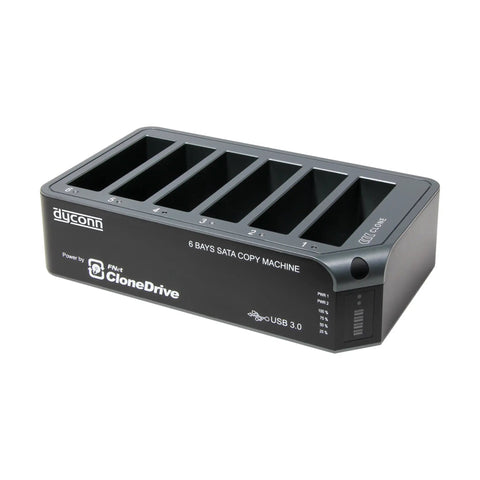 Heavy Hitter USB Three Zero Six Bay Hard Drive Duplicator with 6 slots for SATA drives, USB 3.0, plug-and-play design.