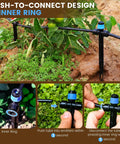 Close-up of 110 Ft Quick-Connect Drip Irrigation Kit For Lawn, Garden And Greenhouse showing push-to-connect design in a garden setting.