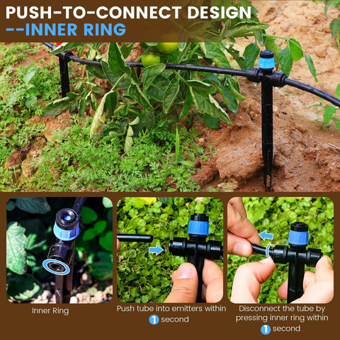 Close-up of 110 Ft Quick-Connect Drip Irrigation Kit For Lawn, Garden And Greenhouse showing push-to-connect design in a garden setting.