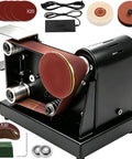 SporGain Mini Belt Sander With Seven Adjustable Speeds And Dual 90 Degree Worktables Perfect For Knife Making Woodworking Metal Polishing And Jewelry Crafting A Versatile 4-In-1 Power Tool For Diy Projects And Workshops with accessories.