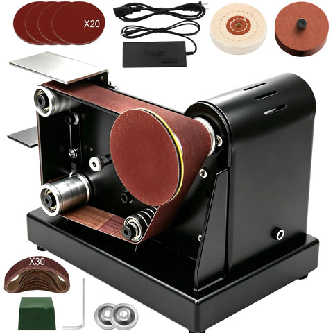 SporGain Mini Belt Sander With 7 Adjustable Speeds And Dual Worktables showing detailed components and belt sanding options.