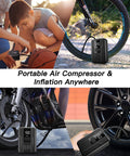 Go To Tire Inflator Portable Air Pump 150 PSI Battery Powered inflating bike, motorcycle, car tires, and basketball outdoors.