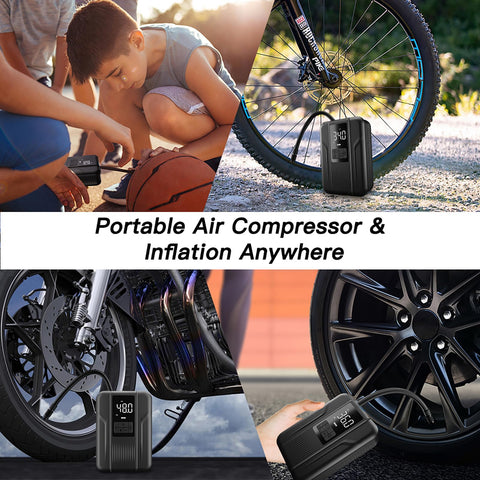 Go To Tire Inflator Portable Air Pump 150 PSI Battery Powered inflating bike, motorcycle, car tires, and basketball outdoors.