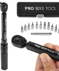 Close-up of Pro Grade Bike Torque Wrench Set with 2 to 20 Nm micro adjustable torque, hex H2-H10, Torx T10-T30, and storage case.