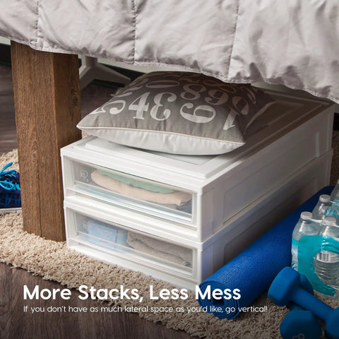 Under Bed Storage Organizer Set With 27 Qt Plastic Stackable Bins And Sliding Drawers, 4 Pack, Space Saver For Clothes.