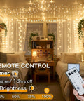 Indoor String Lights With Remote 33ft 100 LED Warm White Twinkle Fairy Lights in cozy dorm room setting with remote control