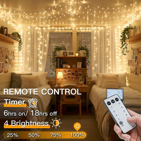 Indoor String Lights With Remote 33ft 100 LED Warm White Twinkle Fairy Lights in cozy dorm room setting with remote control
