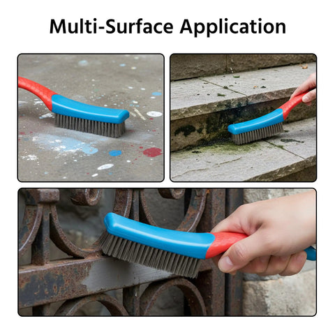 Rust Removal Wire Brush With Ergonomic Handle, Stainless Steel 8-Row Metal Scrubber cleaning paint, concrete, and metal surfaces.