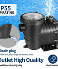 Kickass 2 Horsepower Pool Pump With Savage Six Thousand Eight Hundred Gallon Per Hour Flow And Self Priming Tech for above or in ground pumps shown with drain plug and outlet.