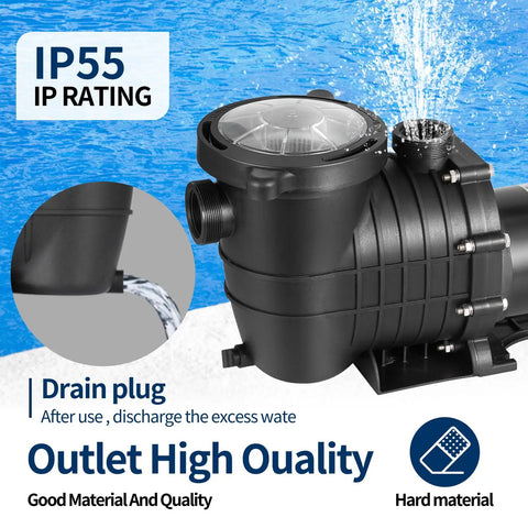 Kickass 2 Horsepower Pool Pump With Savage Six Thousand Eight Hundred Gallon Per Hour Flow And Self Priming Tech for above or in ground pumps shown with drain plug and outlet.