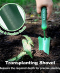 Hand using Go To Measuring Garden Trowel With Ergonomic Soft Grip Handle For Digging Planting Transplanting And Weeding A Rustproof All Purpose Small Shovel Built For Precision Garden Work to measure soil depth.