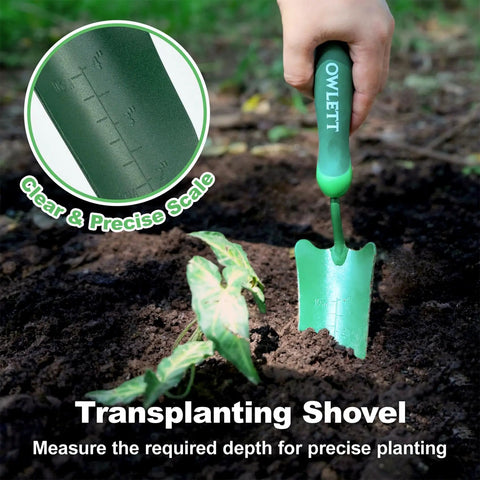 Hand using Go To Measuring Garden Trowel With Ergonomic Soft Grip Handle For Digging Planting Transplanting And Weeding A Rustproof All Purpose Small Shovel Built For Precision Garden Work to measure soil depth.